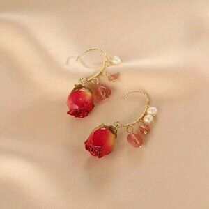 Eternal Rose Flower With Faux Pearl Earrings